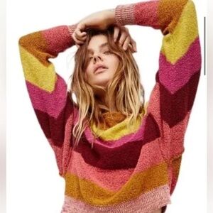 Free People Candyland Pink Orange Yellow Crew Neck Striped Sweater Women’s Small